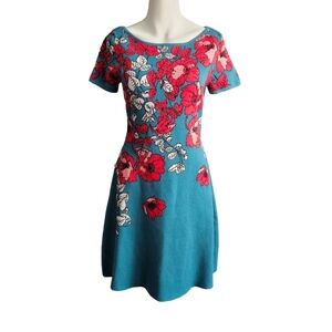 Anthropologie Teal and Red Floral Midi Dress